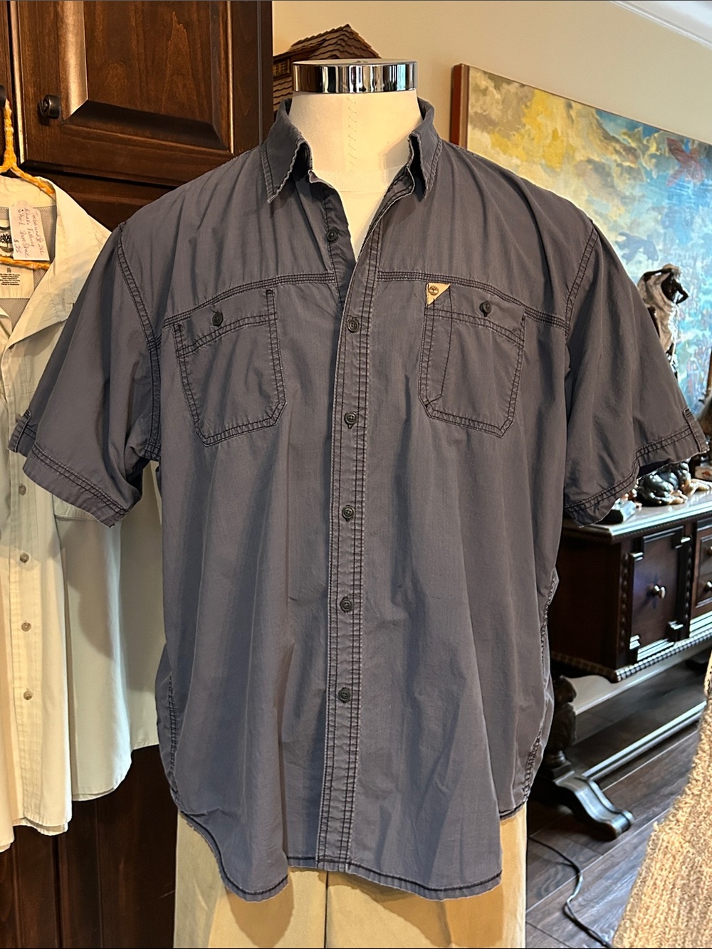 Timberland Sz 2X Short-Sleeve Button-Down Camp Shirt in Blue
